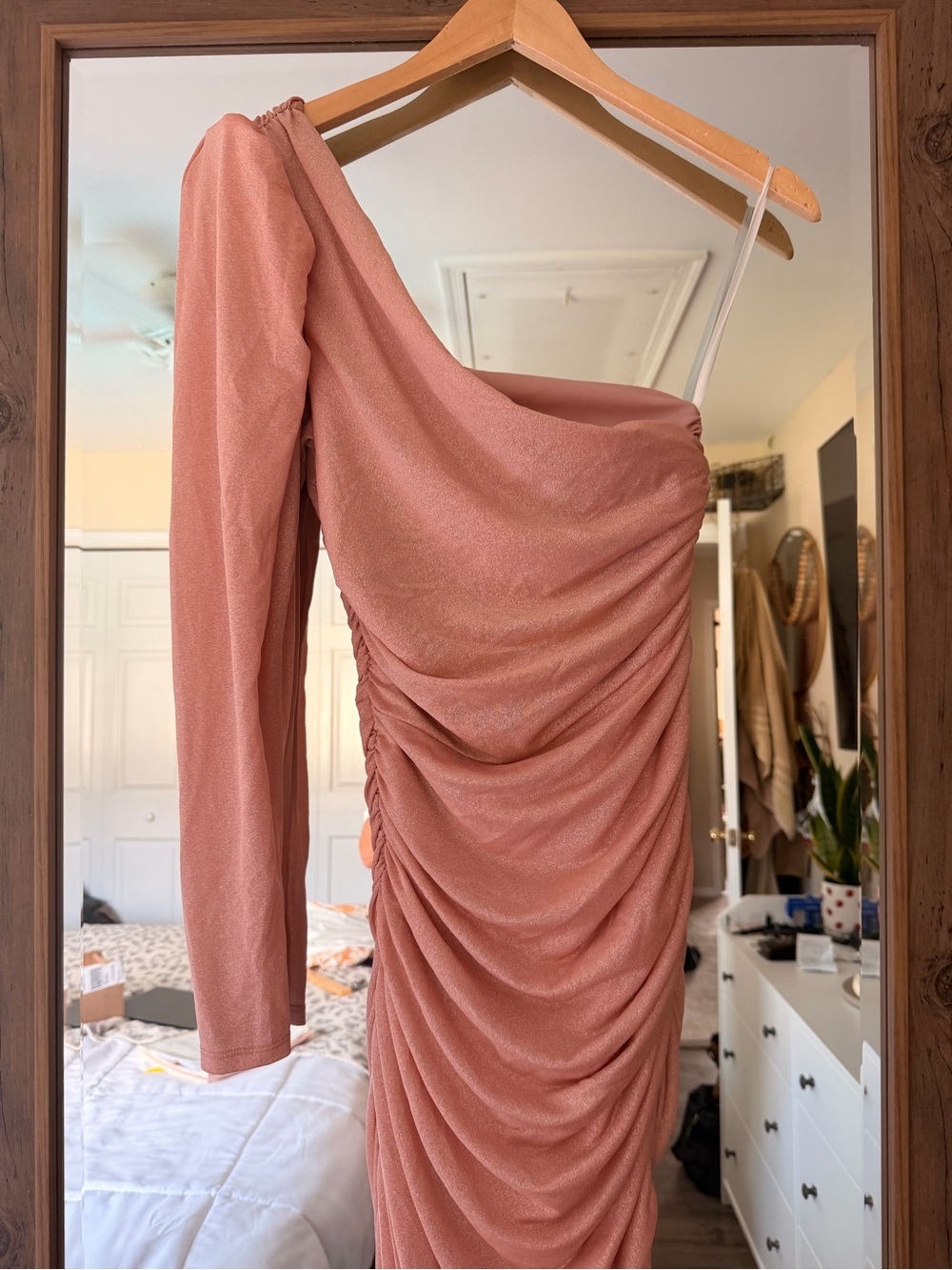 LPA Roksana One-Shoulder Ruched Metallic Pink Evening Dress - Picture 6 of 9
